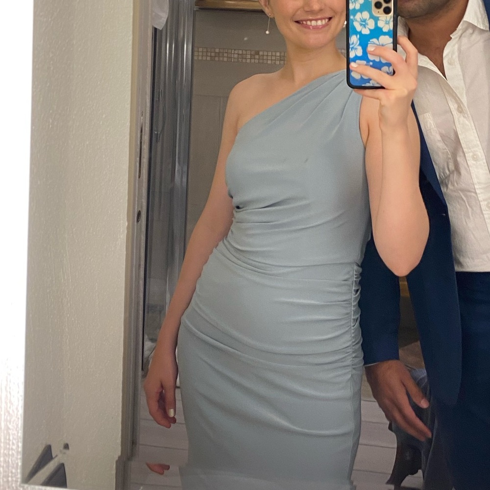 Davids Bridal Dusty Blue Bridesmaid dress